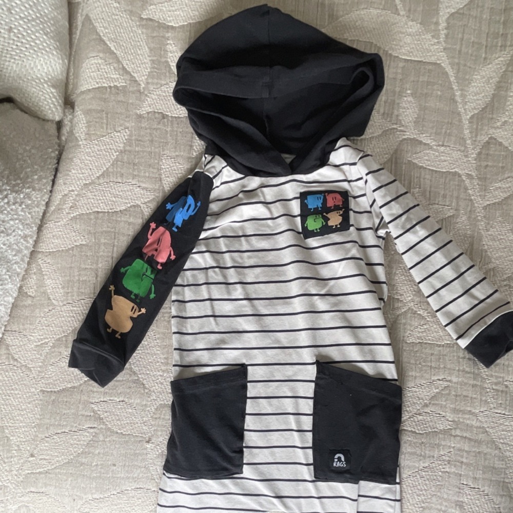 RAGS Hooded Striped One-Piece Romper Robot Print Long Sleeve 6-12M Black/White
